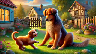 Max le ofrece consejos a un joven cachorro en un patio de la aldea, con el cálido resplandor del sol de la tarde iluminando la escena.