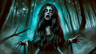 Melisa se transforma en La Sayona en el bosque, sus ojos brillan mientras la niebla la rodea.
