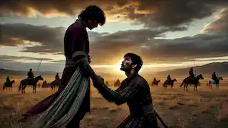 Manas enfrenta a un aliado traidor al atardecer, ofreciéndole una oportunidad de redención frente a un paisaje de las estepas kirguisas.