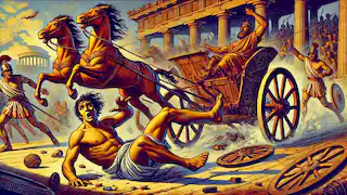 Oenomaus cayendo de su carro durante la carrera, con Pelops avanzando en el fondo.