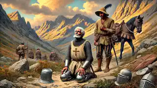 El Caballero realizando penitencia en las montañas de Sierra Morena, con el Escudero sosteniendo una carta.