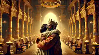 El rey Midas abraza a su hija, restaurada a la vida, en un cálido ambiente palaciego repleto de alivio y amor.