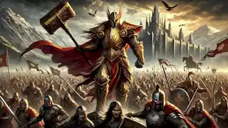 Fereydun lidera su ejército hacia el palacio de Zahhak, con banderas ondeando y espadas en alto, listos para la batalla.