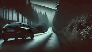 El coche abandonado de la familia yace al borde de una oscura carretera, rodeado por un bosque ominoso y silencioso.