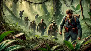 El equipo de Percy Fawcett avanza entre gruesas enredaderas y maleza en la selva amazónica.