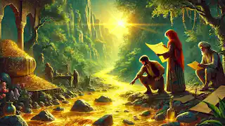 Arash y Soraya estudian un mapa junto al resplandeciente Río de Oro, rodeados de vegetación exuberante y un terreno rocoso.