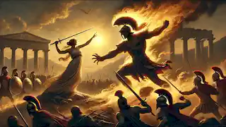 Athene und Ares kämpfen leidenschaftlich auf dem Schlachtfeld von Phlegra, umgeben von Soldaten, die voller Ehrfurcht zusehen.