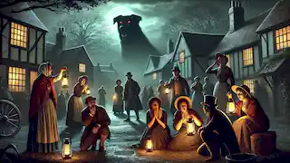 Los aldeanos asustados se reúnen en un pueblo tenuemente iluminado, susurrando sobre la aparición del Perro Negro.