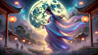 Chang’e asciende a la luna, brillando de manera etérea, mientras los aldeanos observan cómo las linternas iluminan el campo al atardecer.