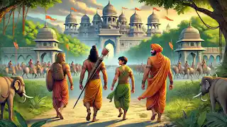 Rama, Sita y Lakshmana, vestidos con sencillas ropas de bosque, se estaban despidiendo de Ayodhya para comenzar su exilio.