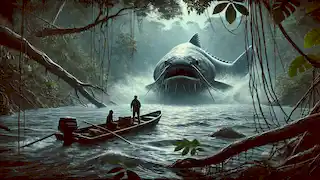 Una pequeña embarcación ondula mientras la sombra del inmenso Piraíba surge bajo el agua, rodeada por la densa jungla.