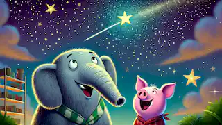 Gerald y Piggie contemplan una estrella fugaz, sintiéndose alegres y asombrados ante la belleza de aquella sorpresa.