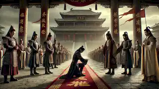 Song Jiang y sus compañeros se encuentran ante el enviado del Emperador, contemplando la oferta de amnistía imperial.