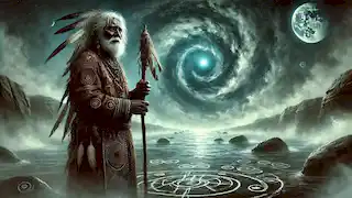 El anciano Kulinyara junto al río, realizando un ritual con los ojos apenas resplandecientes del Muldjewangk visibles bajo el agua.
