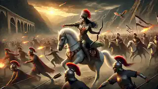 La princesa Anahita liderando a su ejército en batalla, con flechas llameantes y montañas escarpadas al atardecer.