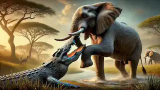 El cocodrilo muerde la pierna del elefante, que soporta el dolor con determinación.