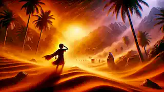 Ammon desafía una intensa tormenta de arena, guiado por su fe, hacia un oasis donde un sacerdote lo espera bajo las palmeras.