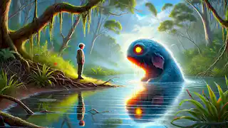 La Mia mayor visita el pantano una última vez, observando cómo el Bunyip inclina su cabeza en señal de gratitud.