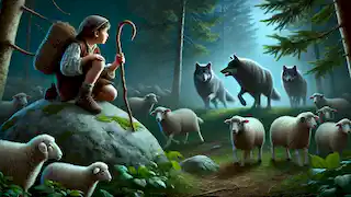 El pastorcito observa con miedo cómo dos lobos se acercan sigilosamente al rebaño de ovejas desde el oscuro bosque.
