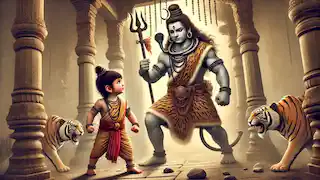 Ganesha se enfrenta a Lord Shiva frente a los aposentos de Parvati, ambos listos en una tensa confrontación.