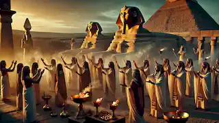 Sacerdotes egipcios realizando un ritual sagrado frente a la Esfinge durante el crepúsculo, rodeados de humo e incienso.
