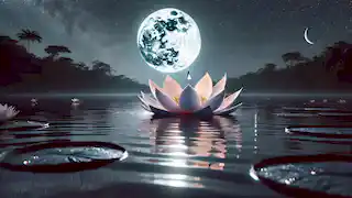 La Victoria Régia flota en el río bajo la luz de la luna, mientras Jaci derrama una lágrima.