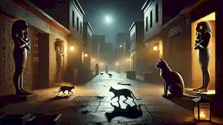 Bastet en su forma de gata merodeando por las calles de una antigua ciudad egipcia, protegiendo a sus habitantes.