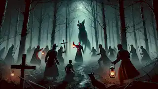 El padre Edward y los hombres se enfrentan al Perro Negro en los bosques envueltos en niebla, sosteniendo faroles y un crucifijo.