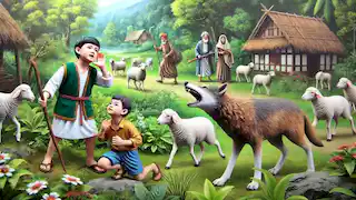 Le jeune berger crie alors qu'un vrai loup attaque les moutons.