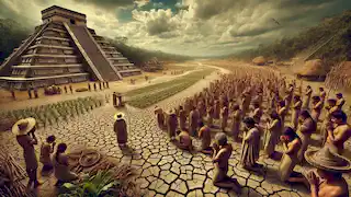 Los aldeanos y los sacerdotes se reúnen en oración durante una sequía al pie del Templo de Kukulkán, bajo un cielo nublado.