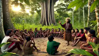La anciana Tainá enseña a los jóvenes del pueblo sobre el bosque en un claro de la Amazonía, transmitiendo la sabiduría de Curupira.