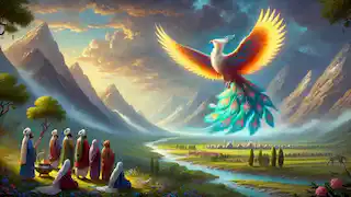 El Simurgh se eleva sobre los aldeanos persas, simbolizando esperanza y sabiduría.