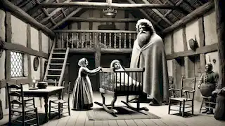 Oonagh disfrazando a Finn MacCool de un gigante bebé en una cuna dentro de su hogar, preparándose para la llegada de Benandonner.