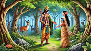 Ravana, disfrazado de ascético, se encuentra con Sita en el bosque, con un ciervo dorado de fondo.