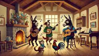 Un burro, un perro, un gato y un gallo tocando música en una habitación acogedora y bien iluminada, con muebles de madera y una chimenea, todos luciendo felices.
