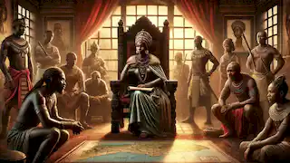 La reina Nzinga, sentada en su trono en Matamba, planea su próximo movimiento estratégico junto a sus consejeros y guerreros.