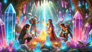 Elara y sus amigos en las Cuevas de Cristal, purificando cristales contaminados.