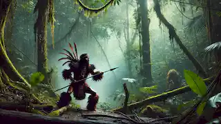 Un guerrero shuar está preparado para la batalla en la densa selva ecuatoriana, sosteniendo una lanza con una determinación intensa.