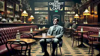Winston sentado solo en el Café Chestnut, mirando fijamente la pantalla con un vaso de ginebra frente a él.