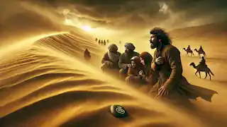 Cuatro viajeros se refugian cerca de unas rocas durante una dramática tormenta de arena en la estepa kazaja.