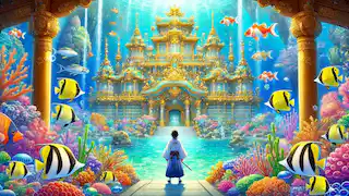 Urashima Taro en la entrada del magnífico palacio Ryūgū-jō bajo el mar.