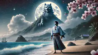 Shun se encuentra en la playa bajo la luz de la luna, contemplando el Shisa resplandeciente en la cima de una montaña.