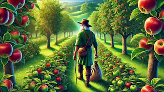 Johnny Appleseed, con su vestimenta característica, camina por un campo de manzanos.