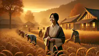 Mei, agora humana, trabalha tranquilamente nos campos ao entardecer ao lado dos vilarejos, desfrutando de uma vida simples.