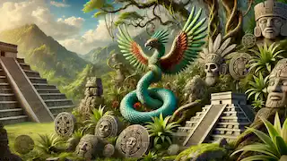 La forma de serpiente emplumada de Quetzalcóatl se entrelaza con vegetación y artefactos mesoamericanos.