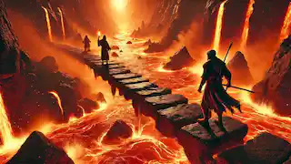 Kiprop y Kiptoo cruzan con precaución un río de fuego sobre un estrecho puente de piedra.