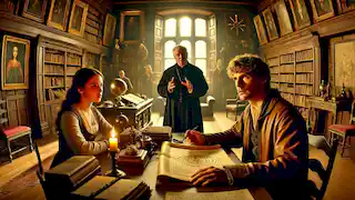 Robert Langdon, Sophie Neveu y Leigh Teabing en su estudio, discutiendo los secretos del Santo Grial.