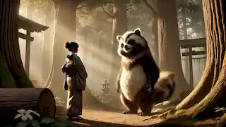 Kage le revela su forma de tanuki a Aiko en un claro apartado del bosque al atardecer.