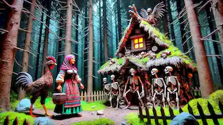 Vasilisa se encuentra frente a la cabaña de Baba Yaga, rodeada por una cerca de huesos humanos.