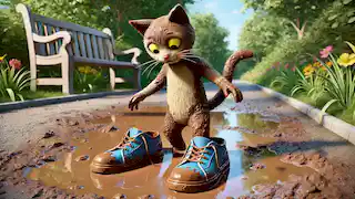 Los zapatos de Pete se manchan de marrón cuando pisa un charco de barro, sonriendo mientras camina.